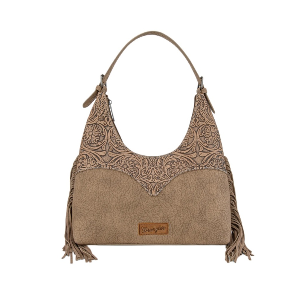 wrangler fringe floral tooled hobo bag - khaki